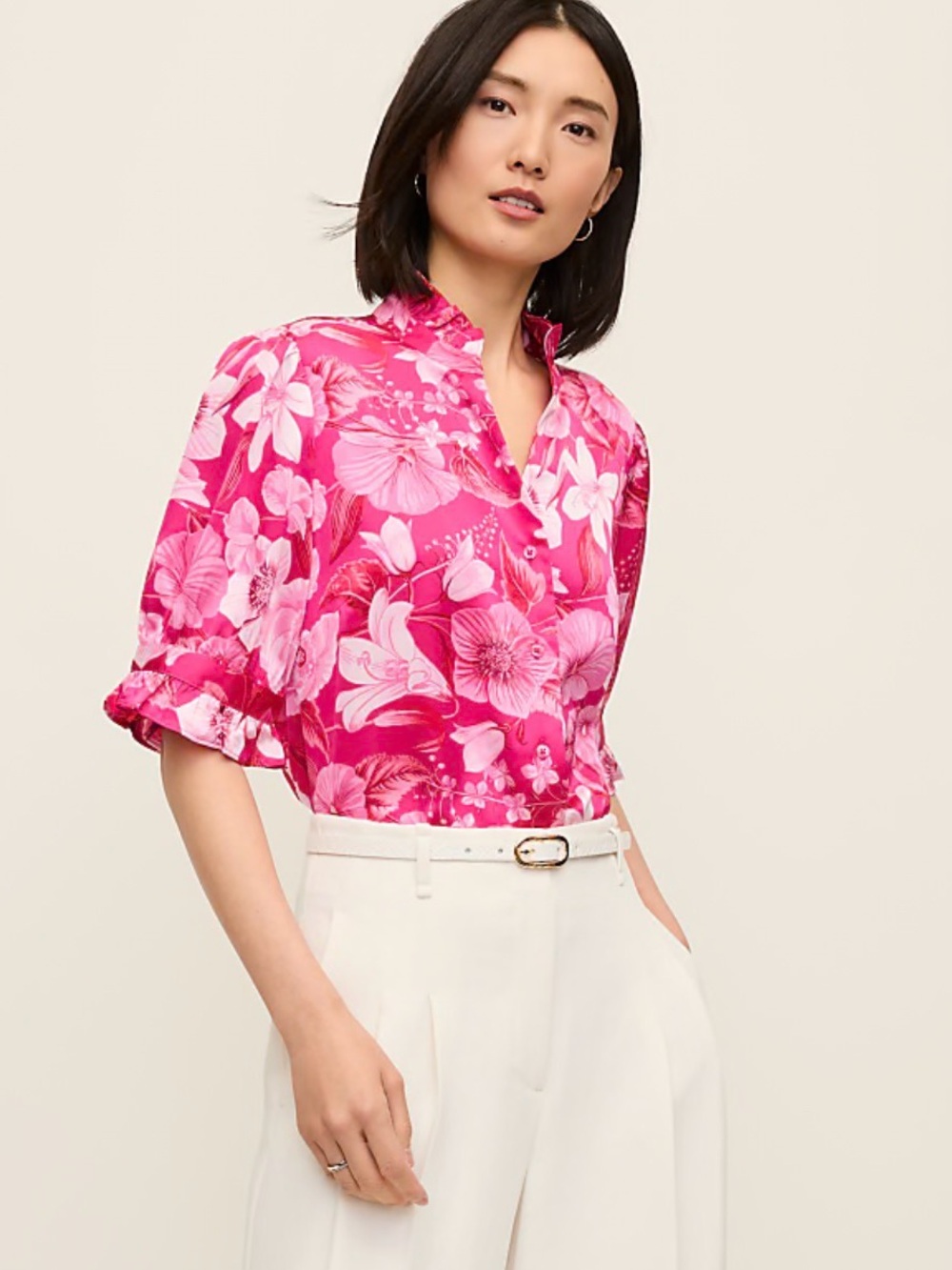Ann Taylor Floral Ruffle Collar Blouse